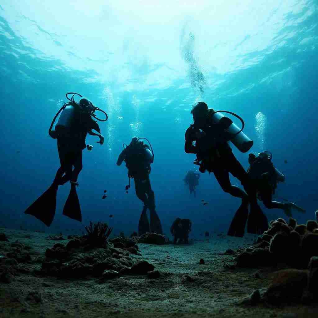 Scuba Divers resting at the bottom of the sea