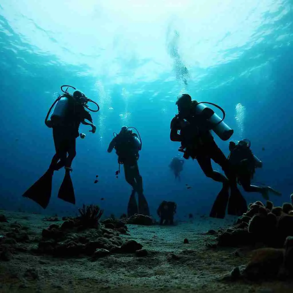 Scuba Divers resting at the bottom of the sea
